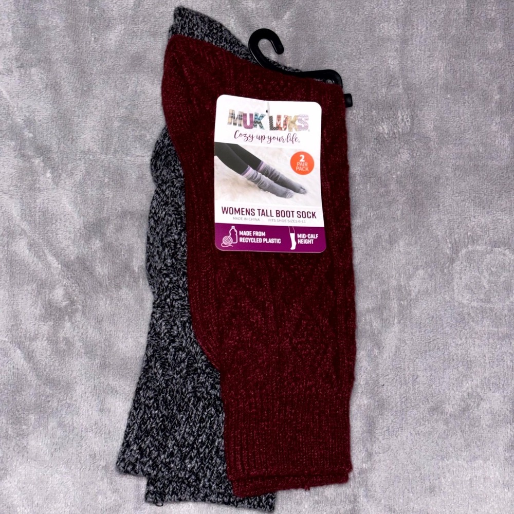 Muk Luks Cozy Up Your Mid Calf Tall Boot Socks Womens‎ OS (6-11) Red Gray 2 Pack